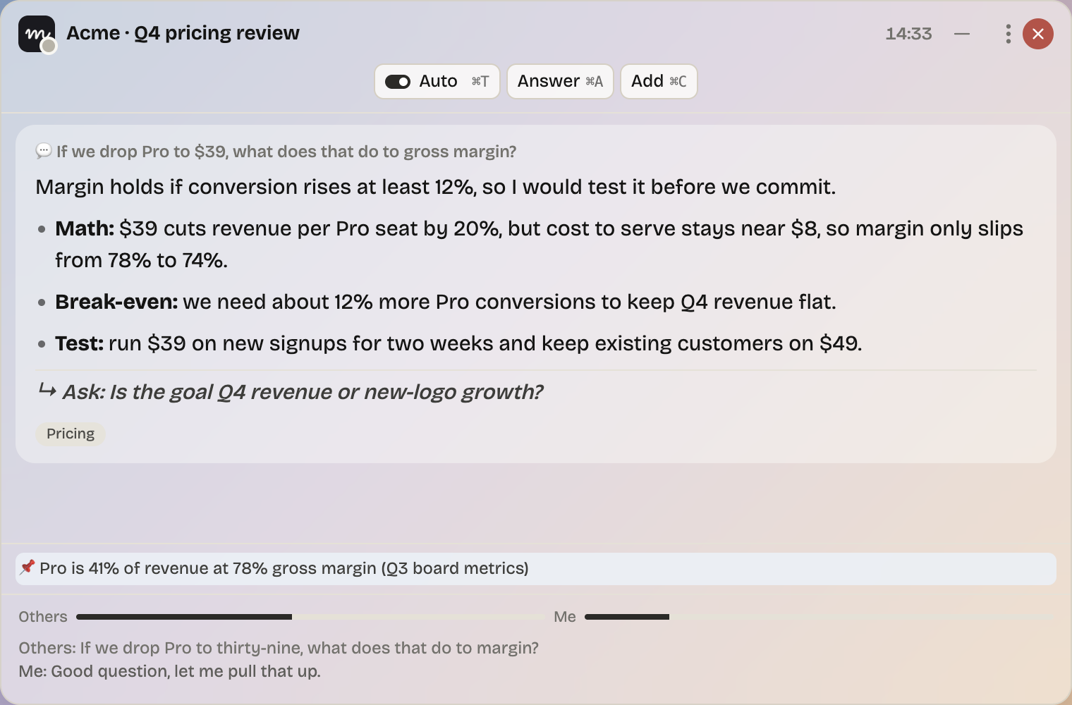 The Mnemon overlay answering a pricing question during a call
