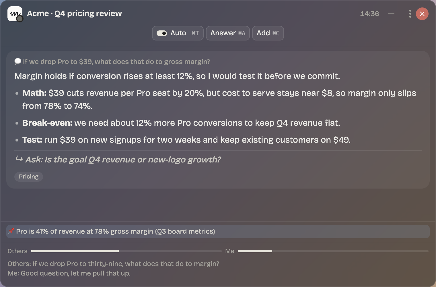 The Mnemon overlay answering a pricing question during a call